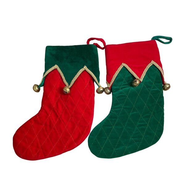 Vtg Velvet Quilted Christmas Stockings Red Green Jingle Bells Gold Trim Set of 2 - Picture 2 of 5